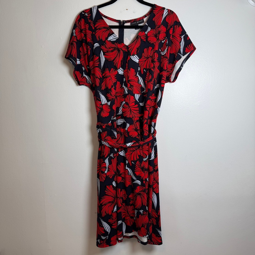 Lane Bryant Women Floral‎ Print V Neck Short Sleeve Belted Midi Dress Size 14 - Picture 2 of 9